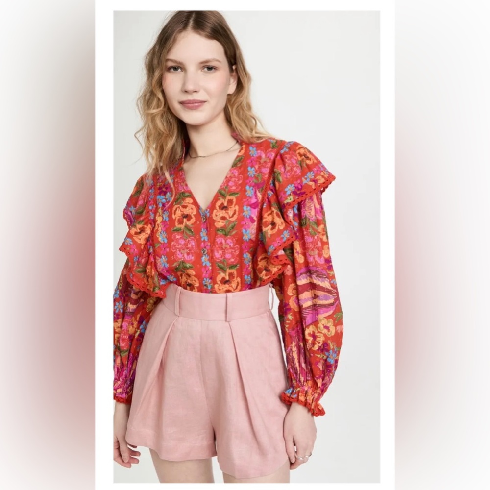 FARM Rio Red Orange Floral Ruffled V-Neck Blouse - Picture 4 of 7